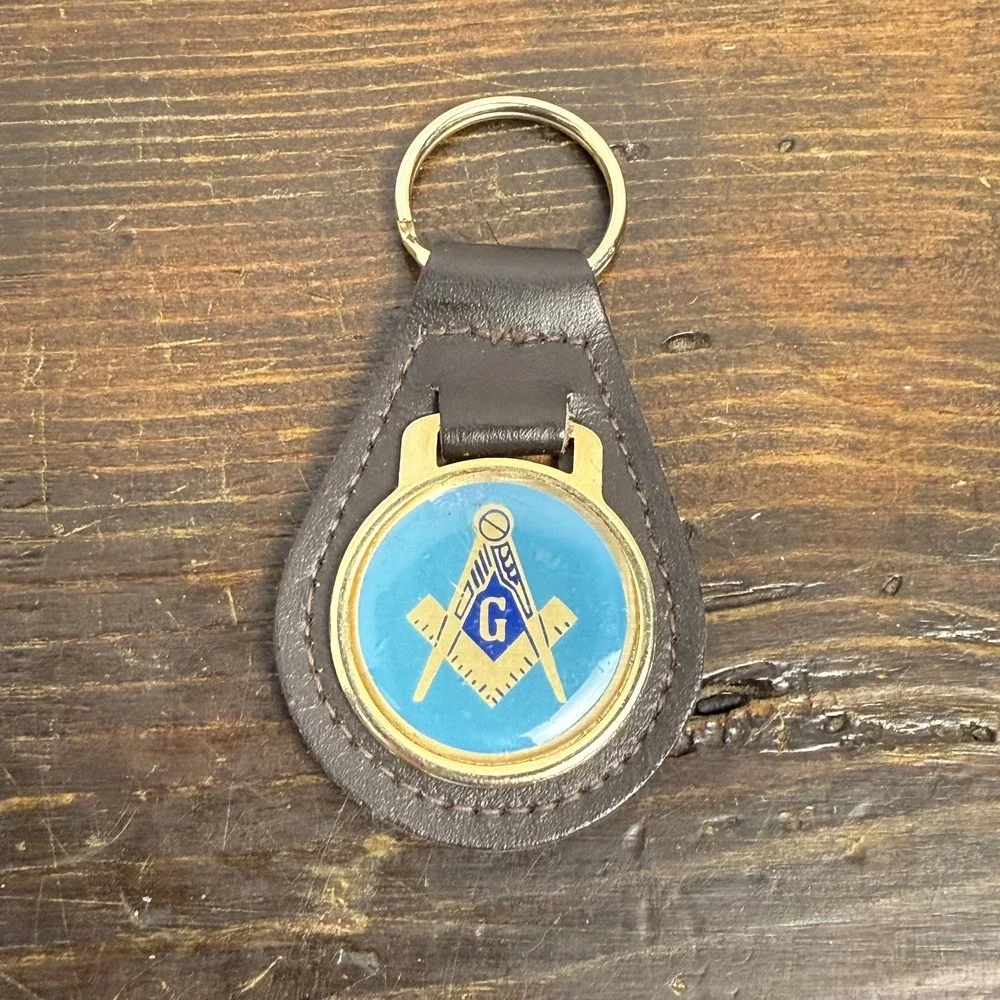 Masonic Freemason‎ Leather Key Fob Keychain Keyring Blue Gold Emblem Fraternal